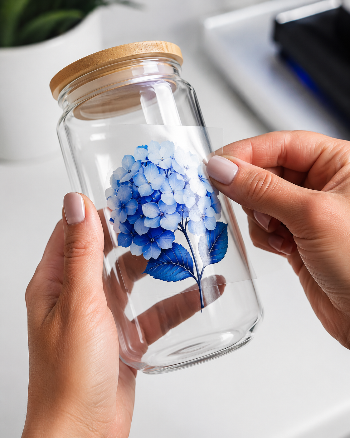 Applying a UV DTF transfer to a glass jar