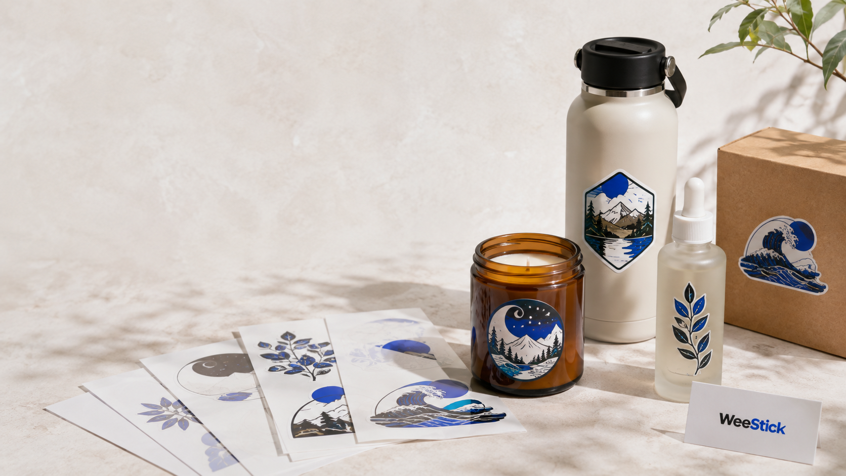 Custom UV DTF transfers shown on bottles, candle jars, cosmetics and packaging