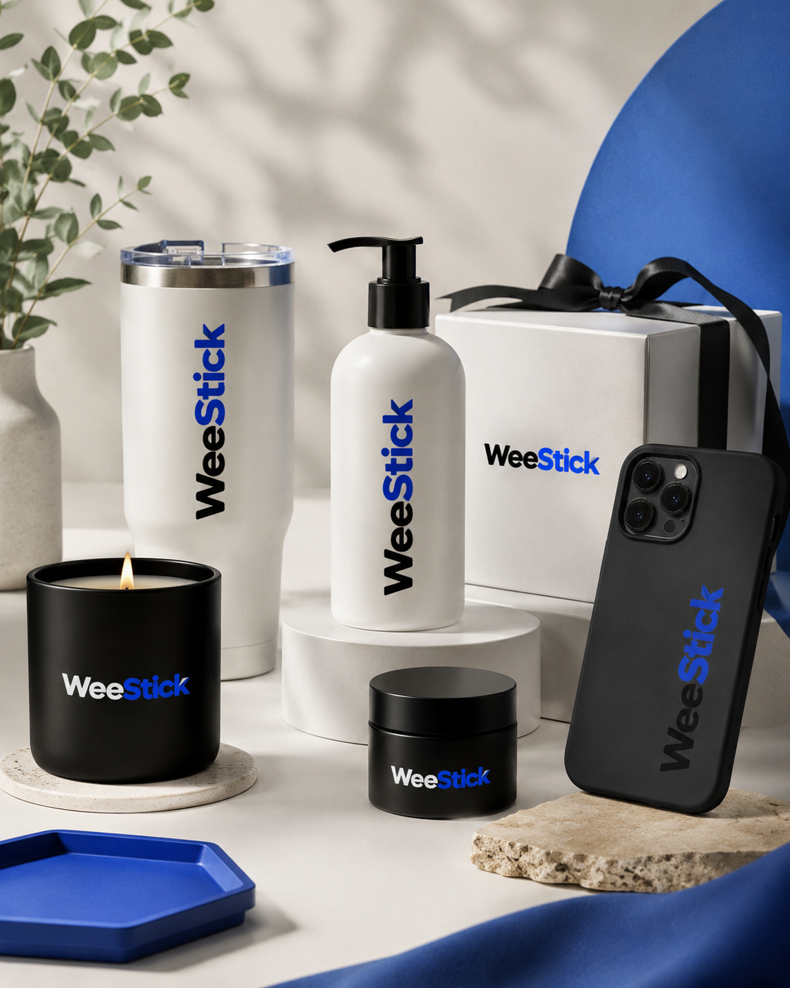 UV DTF transfers on tumblers, bottles, candle jars, cosmetic packaging and a phone case